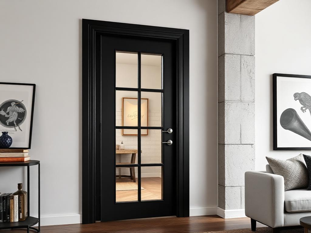 Zwarte stalen-look aluminium binnendeur met glasroedes